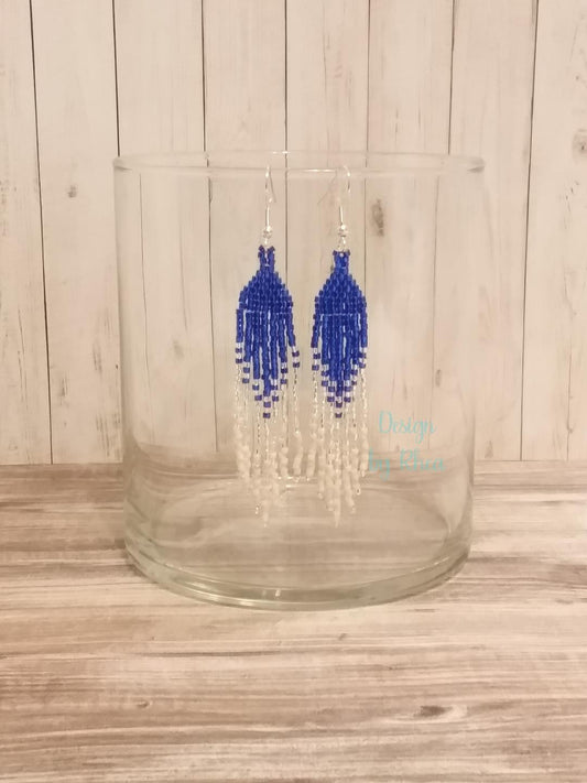 Blue, Silver, and White Beaded Fringe Earrings