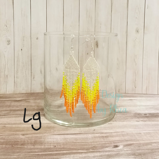 Orange, Yellow, and White Beaded Fringe Earrings