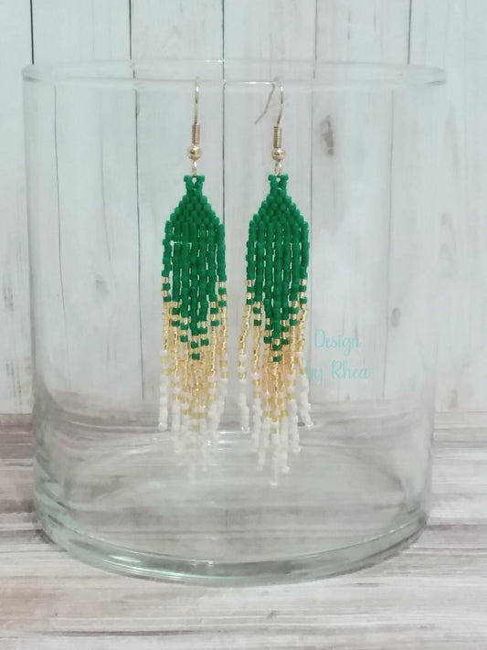 Green, Gold, and White Beaded Fringe Earrings