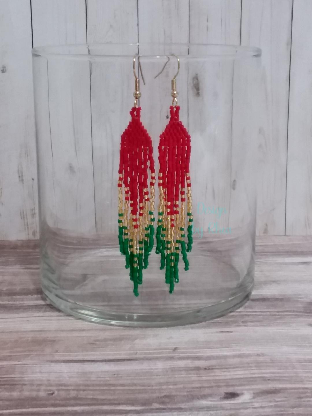 Red, Gold, and Green Beaded Fringe Earrings