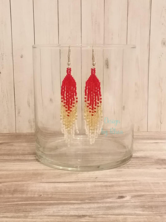 Red, Gold, and White Beaded Fringe Earrings