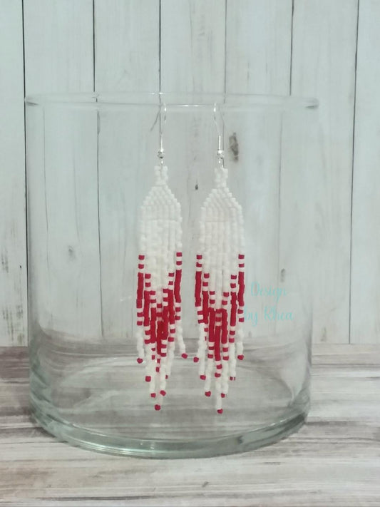 White and Red Beaded Fringe Earrings