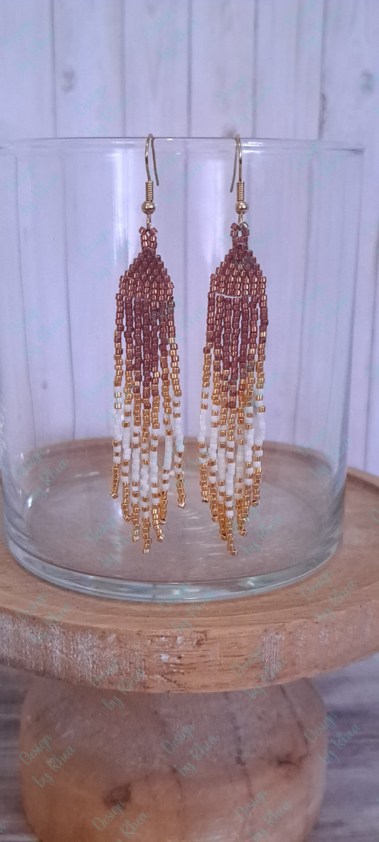 Gold-Tipped Brown Gradient Beaded Fringe Earrings
