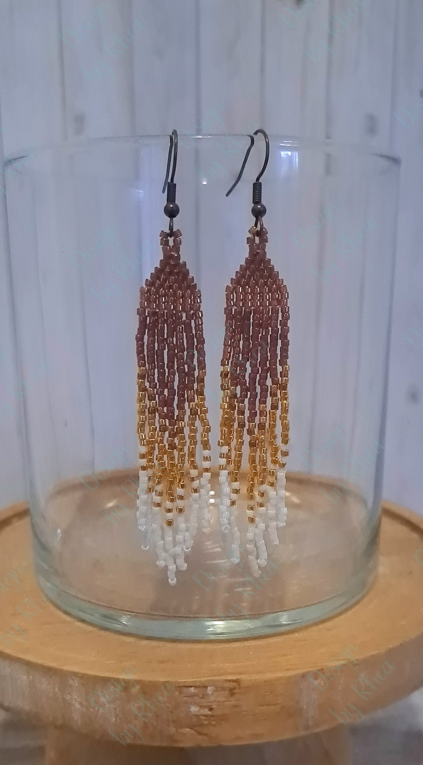 Brown, Gold, and White Beaded Fringe Earrings