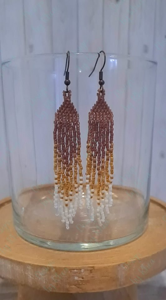 Brown, Gold, and White Beaded Fringe Earrings