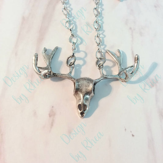 24" Silver Antler Skull Necklace