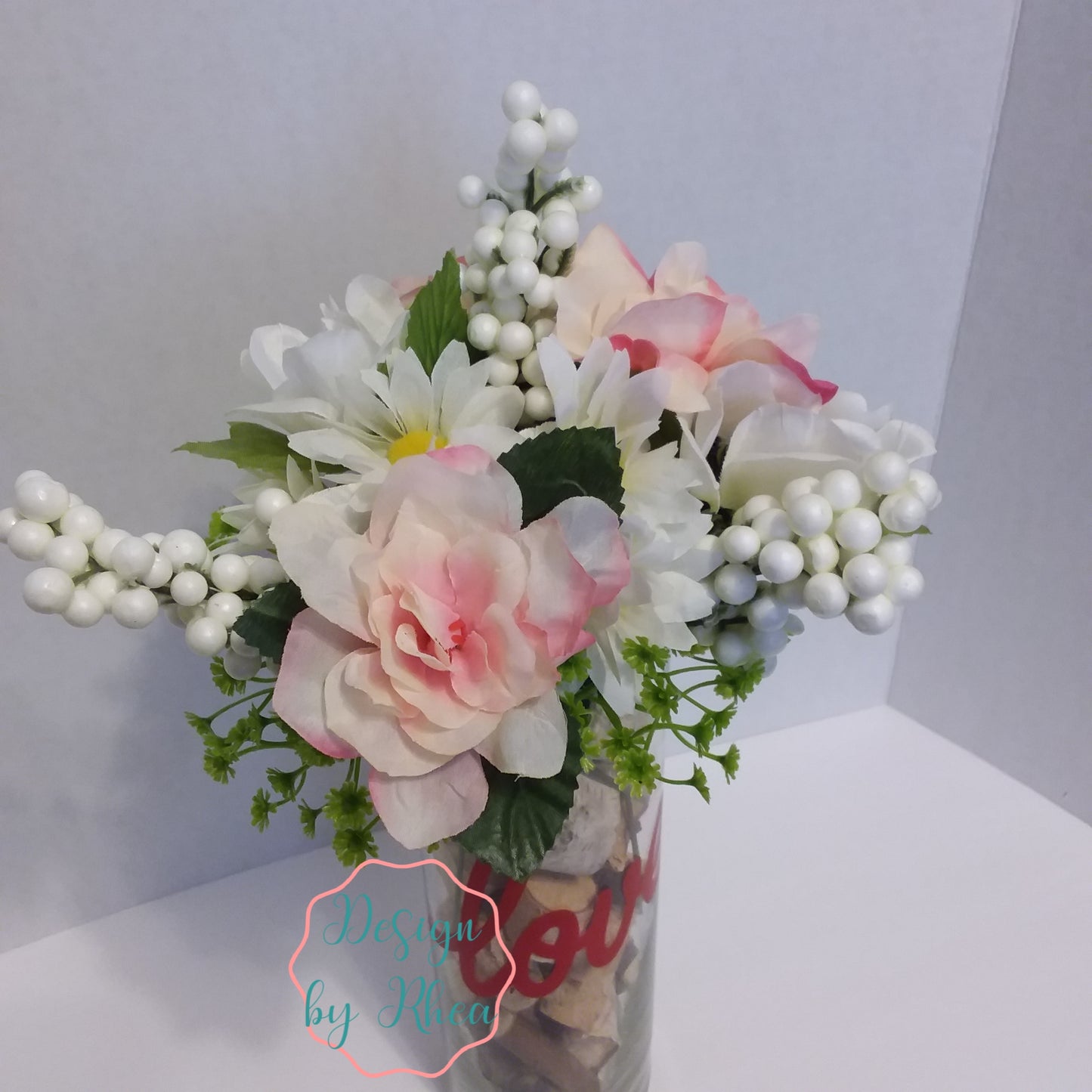 "Love" Vase with Pink & White Faux Floral Arrangement