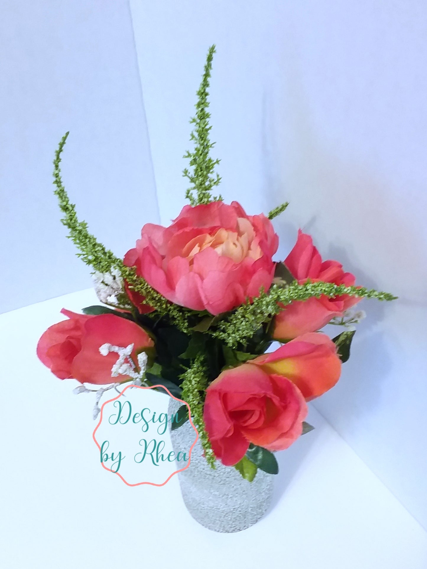 Coral Faux Floral Arrangement in Textured Vase