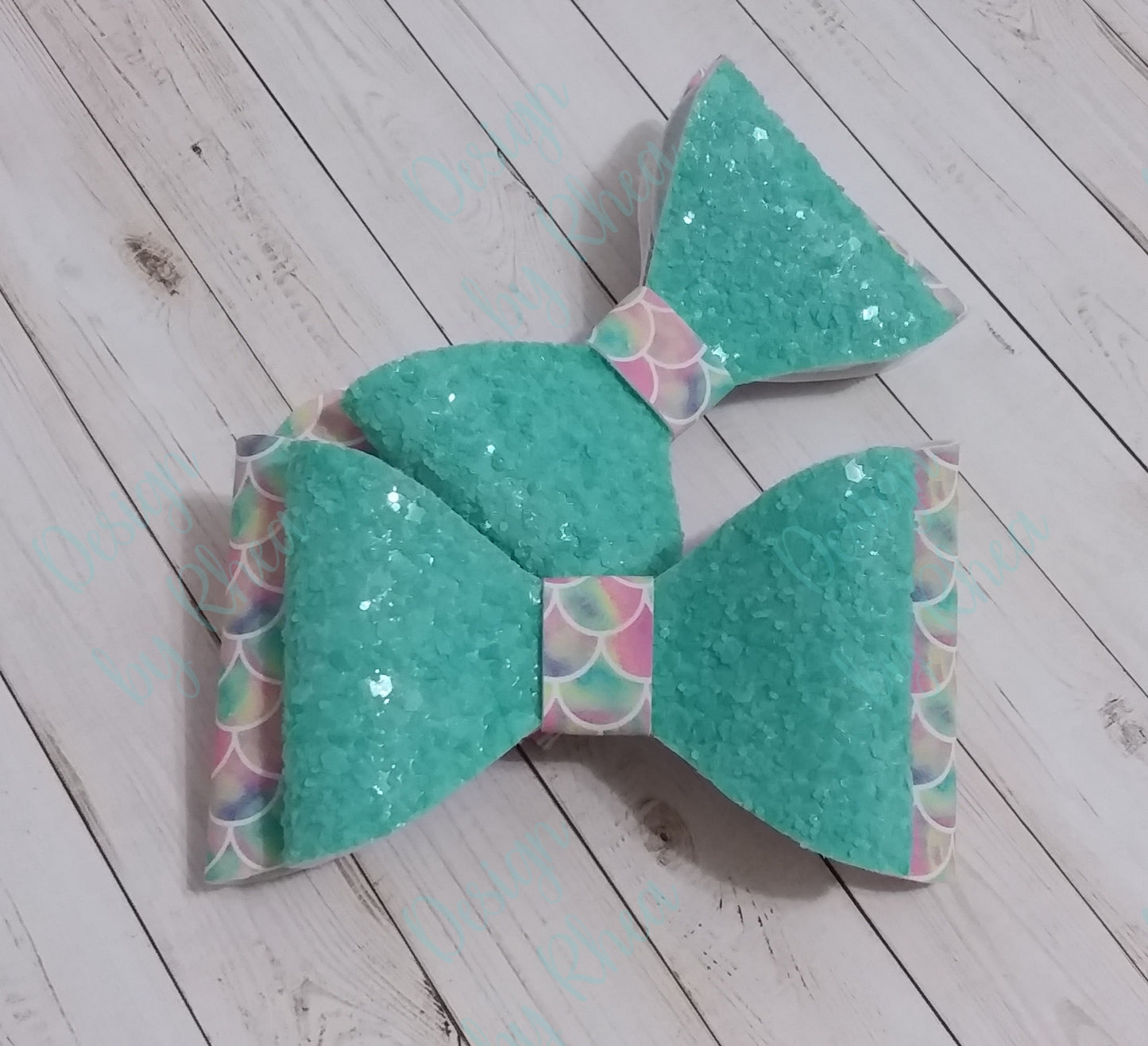 Aqua Chunky Glitter and Mermaid Scale Faux Leather Bow