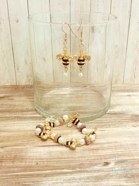 Bee & Pearl Earring & Bracelet Set