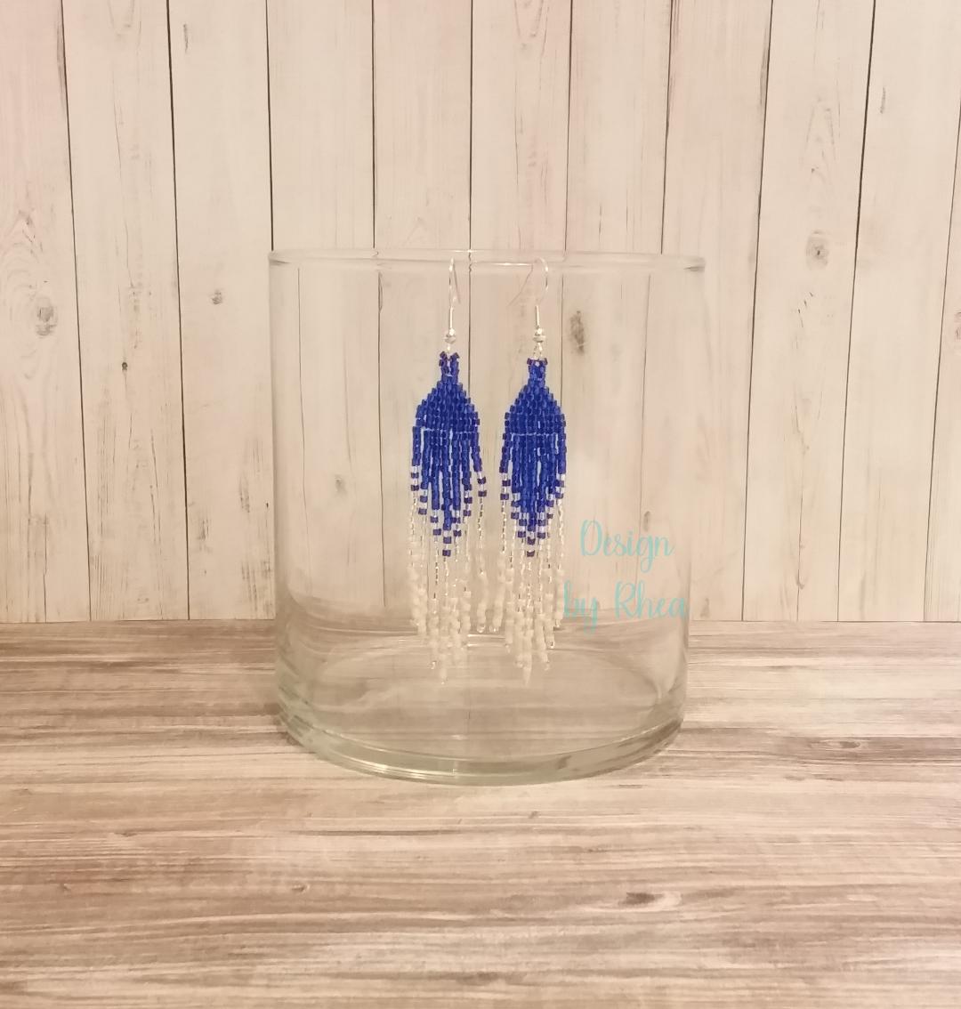 Blue, Silver, and White Beaded Fringe Earrings