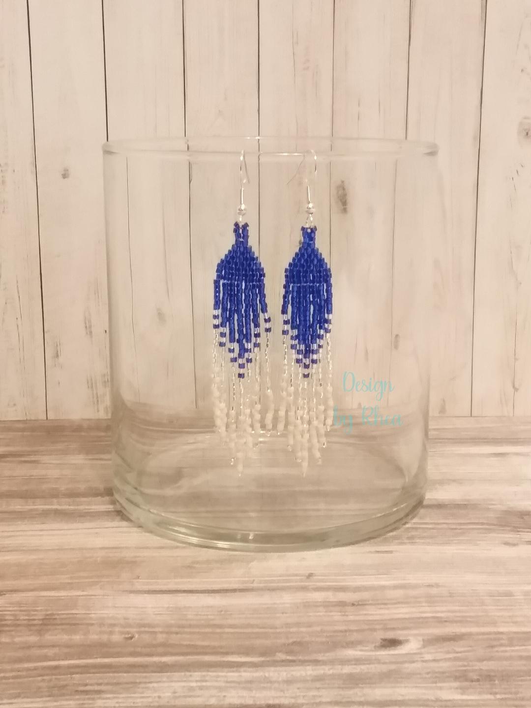 Blue, Silver, and White Beaded Fringe Earrings