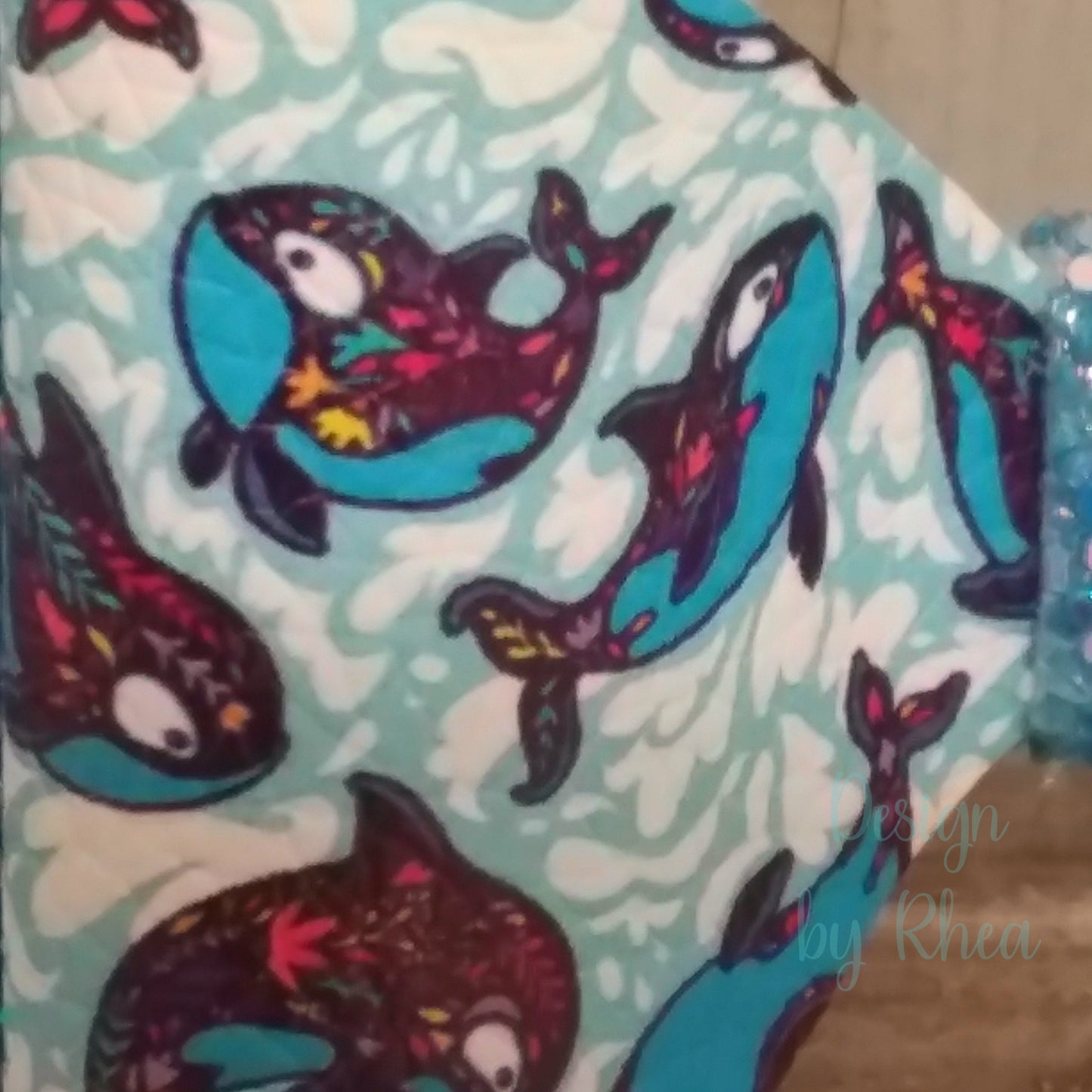 Floral Orca & Glacier Blue Chunky Glitter Faux Leather Bow