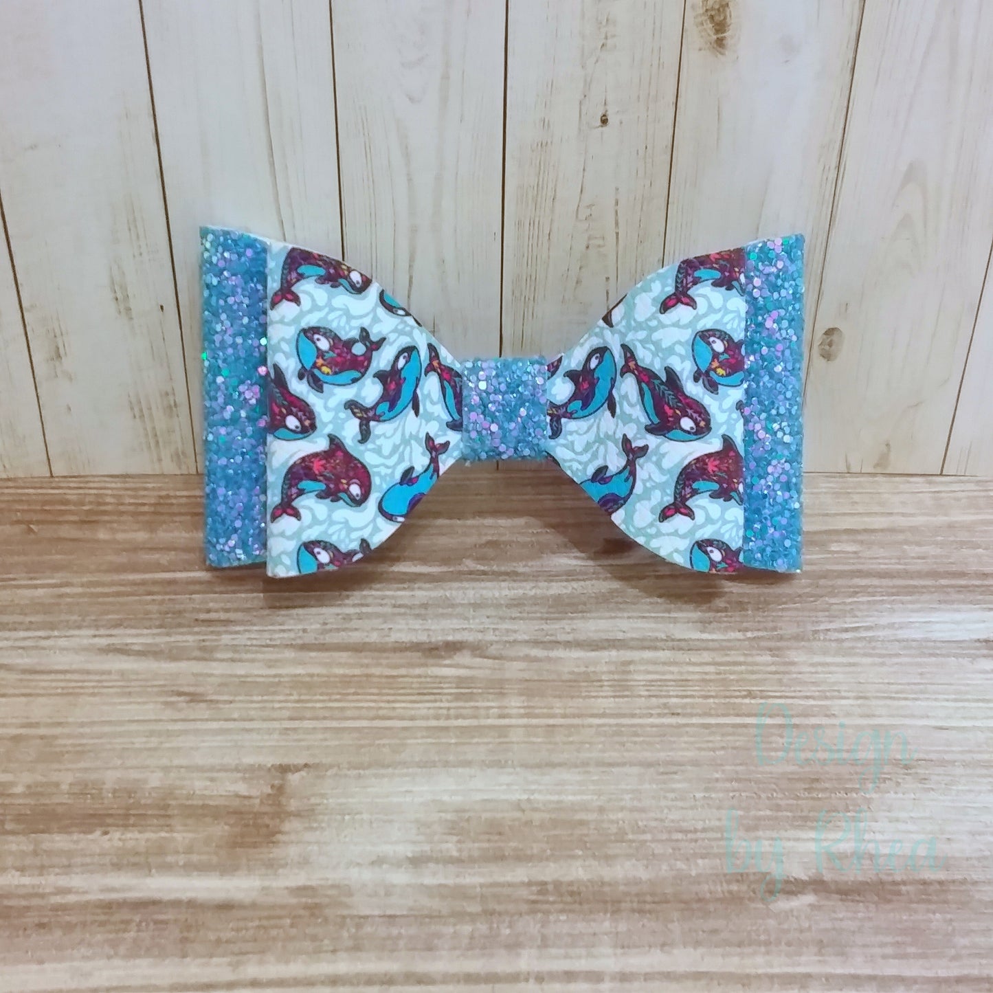 Floral Orca & Glacier Blue Chunky Glitter Faux Leather Bow