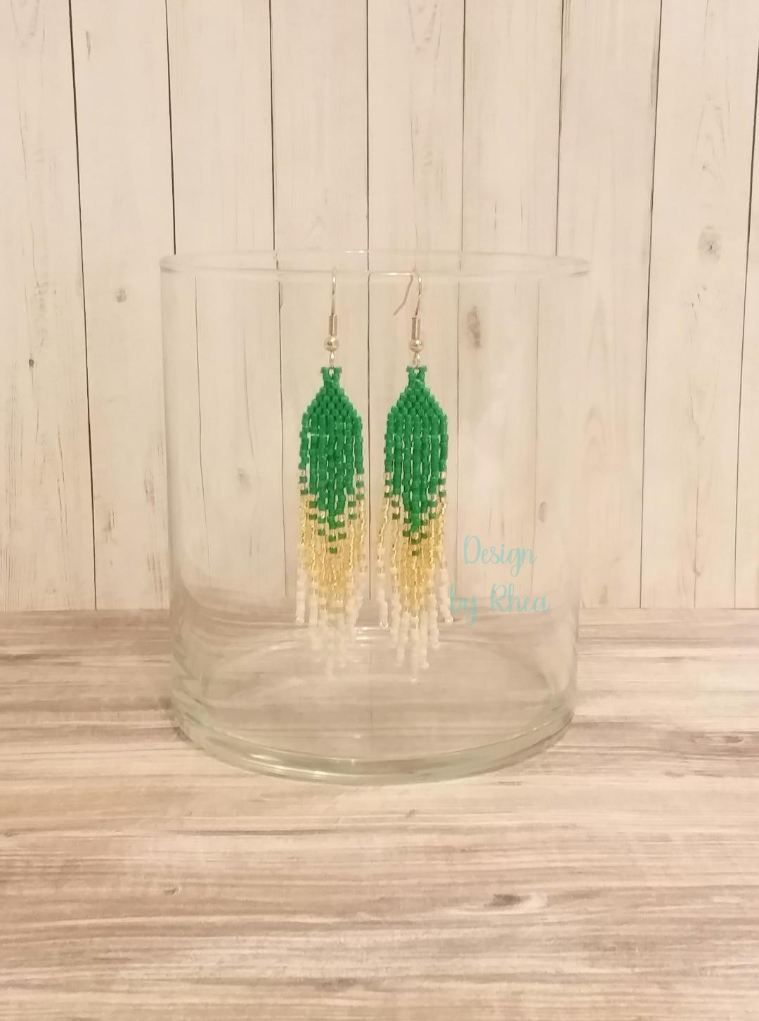 Green, Gold, and White Beaded Fringe Earrings