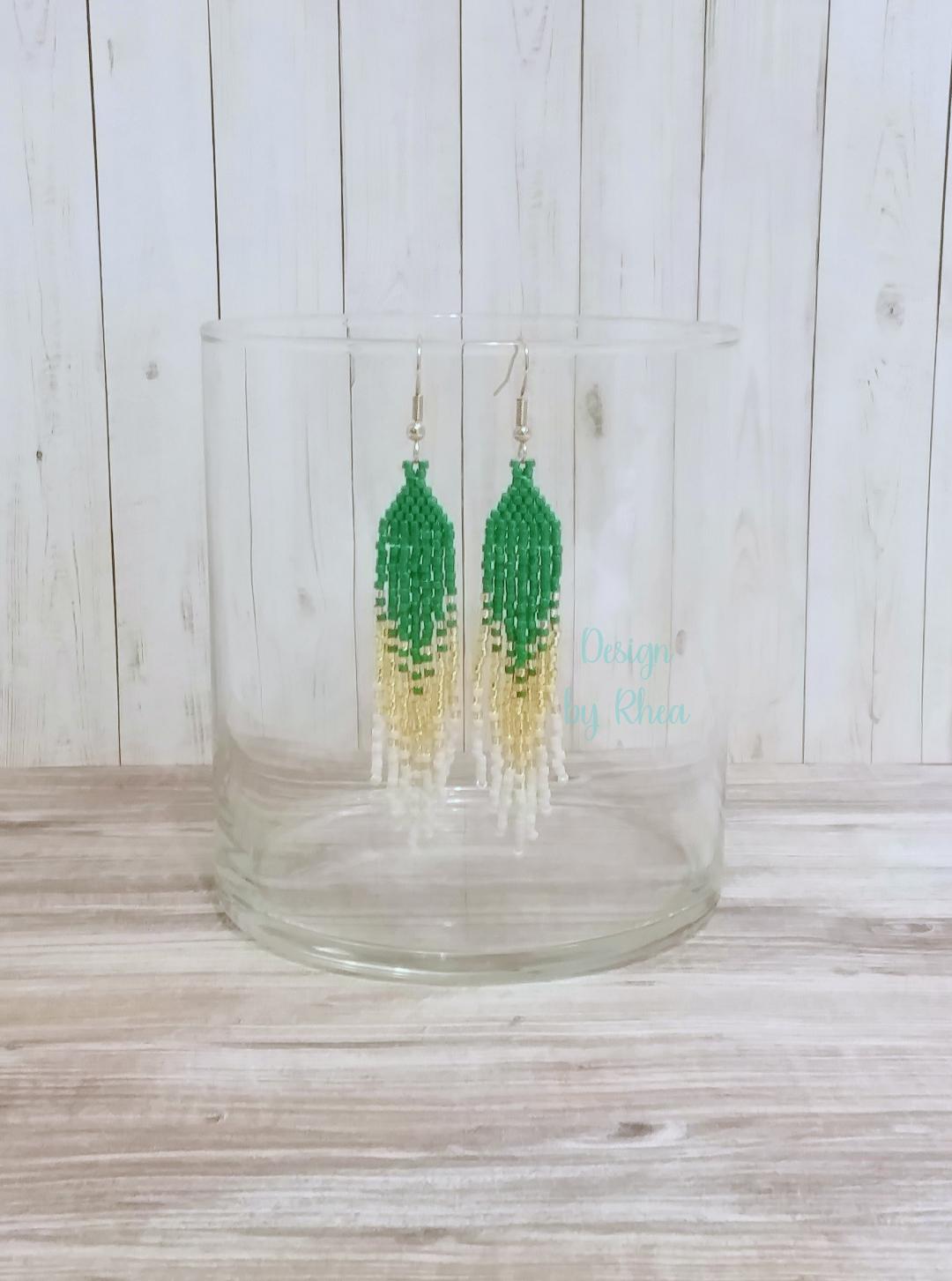 Green, Gold, and White Beaded Fringe Earrings