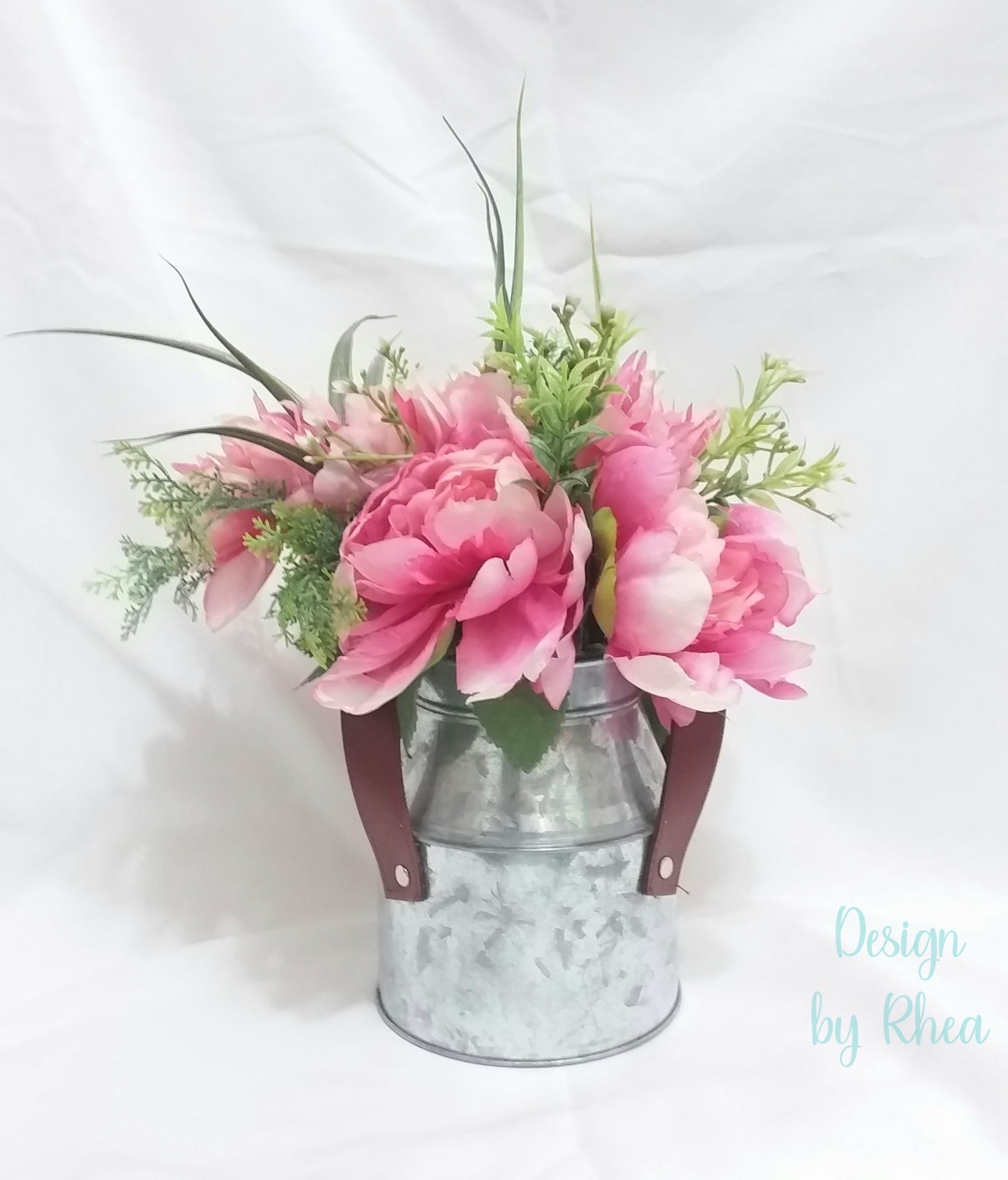 Pink Peony Floral Arrangement in Metal Pail with Leather Handles
