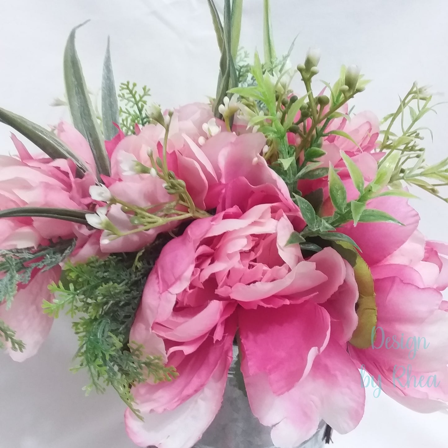Pink Peony Floral Arrangement in Metal Pail with Leather Handles