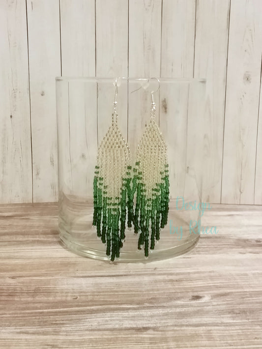 Long Green Ombre Beaded Fringe Earrings