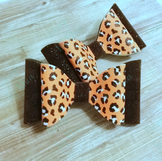 Orange Leopard and Chocolate Brown Velvet Faux Leather Bow