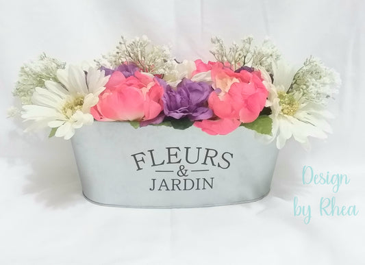 Bright Wildflowers with Baby's Breath in Oval Metal Planter