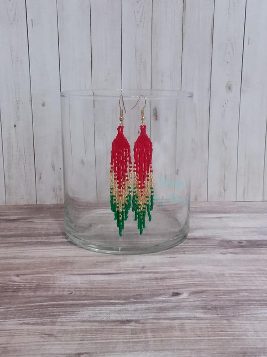 Red, Gold, and Green Beaded Fringe Earrings