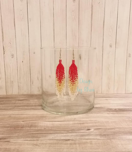 Red, Gold, and White Beaded Fringe Earrings