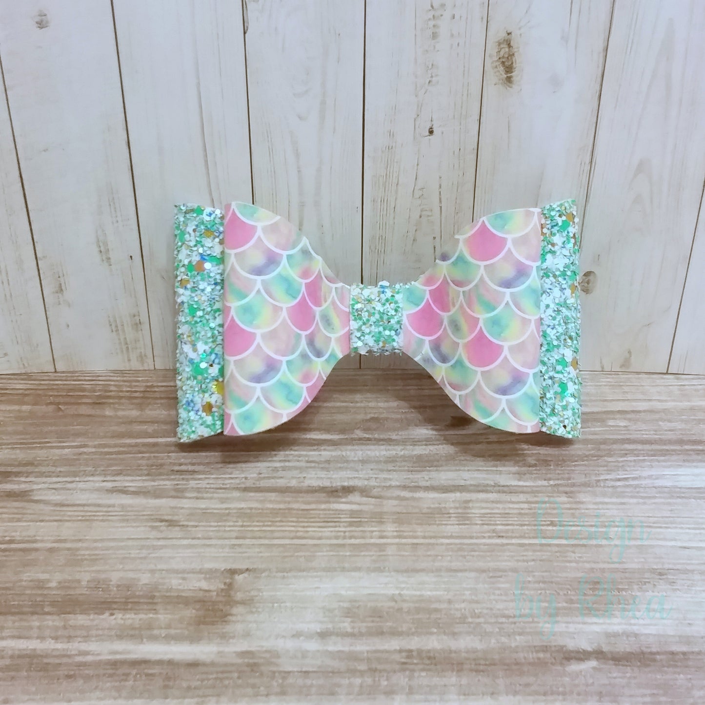 Soft Rainbow Mermaid Scale & Seafoam Chunky Glitter Faux Leather Bow