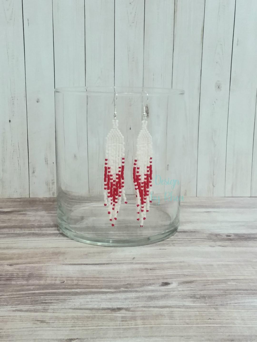 White and Red Beaded Fringe Earrings