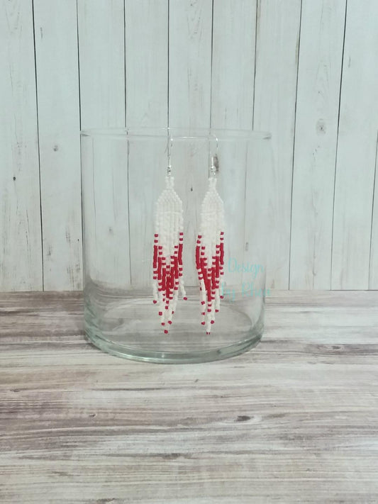 White and Red Beaded Fringe Earrings