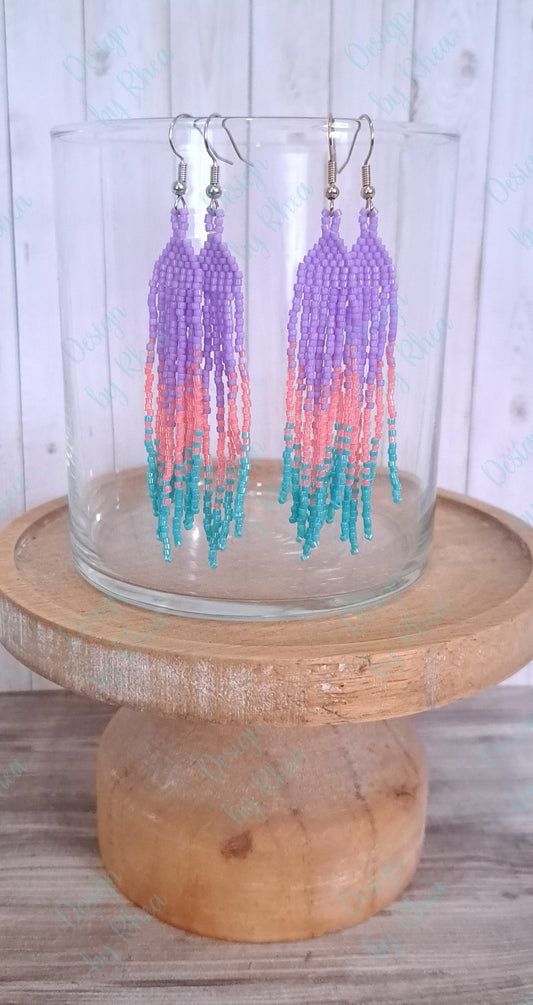 Lavender, Rose, and Turquoise Beaded Fringe Earrings