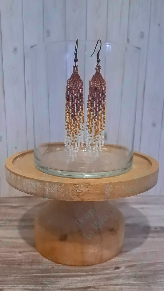 Brown, Gold, and White Beaded Fringe Earrings