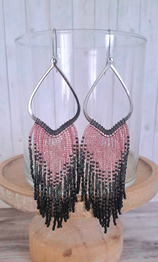 Pink to Black Chandelier Beaded Fringe Earrings