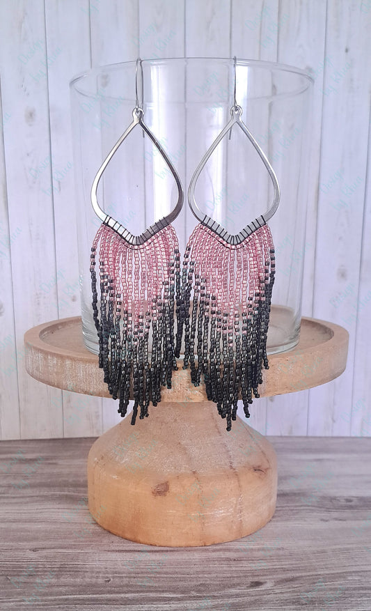 Pink to Black Chandelier Beaded Fringe Earrings