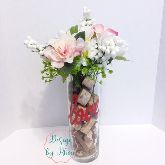 "Love" Vase with Pink & White Faux Floral Arrangement