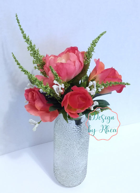 Coral Faux Floral Arrangement in Textured Vase